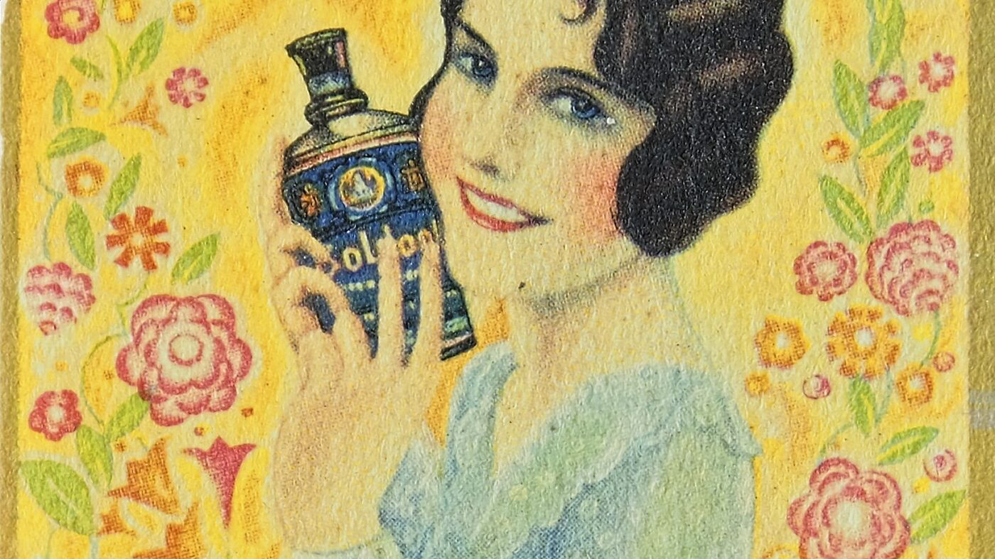 Vintage Boldoot illustration: a woman holding the blue and gold cologne flacon amid yellow blossoms