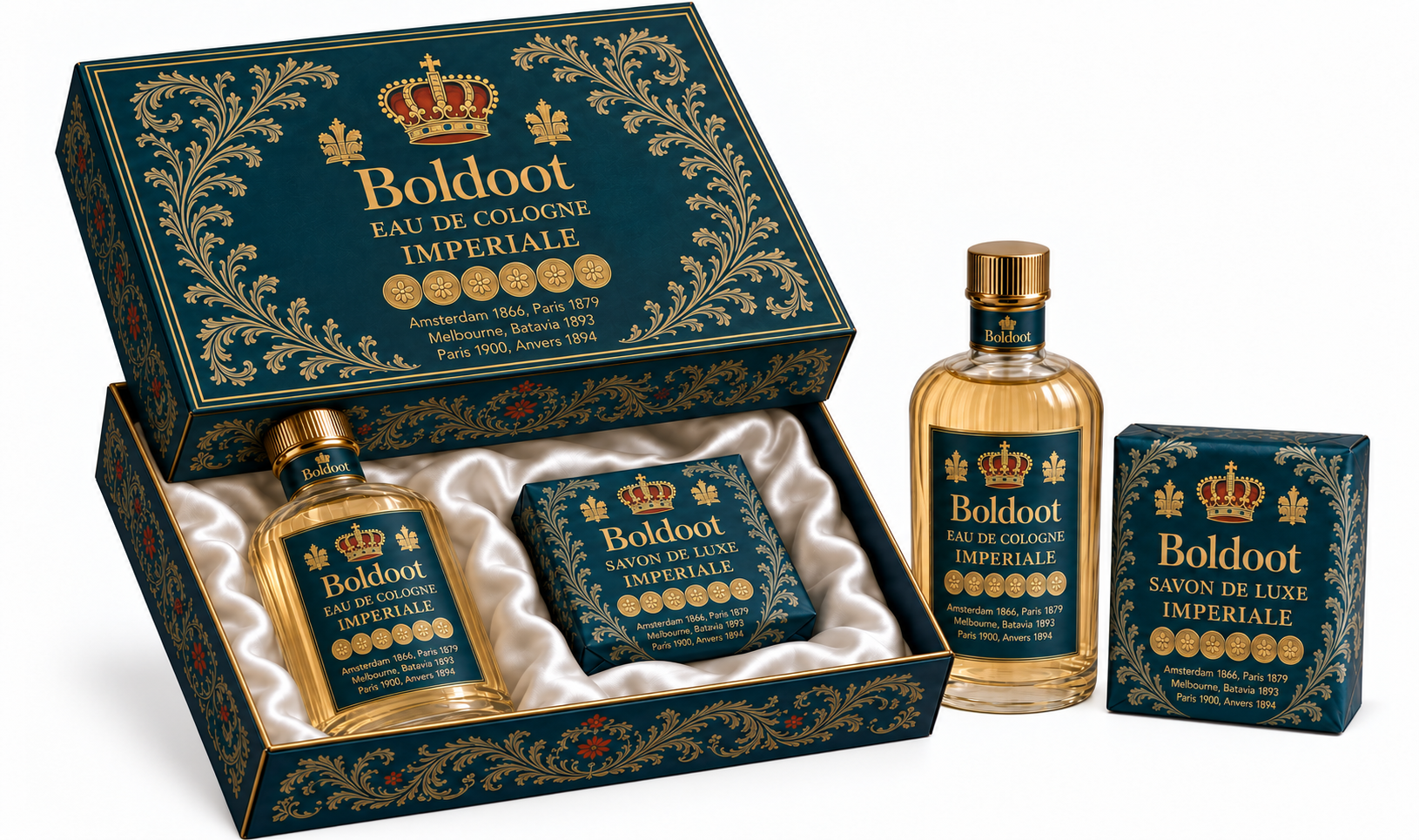 Open Boldoot Coffret Impériale presentation box with cologne flacon and Savon de Luxe cartons on ivory satin